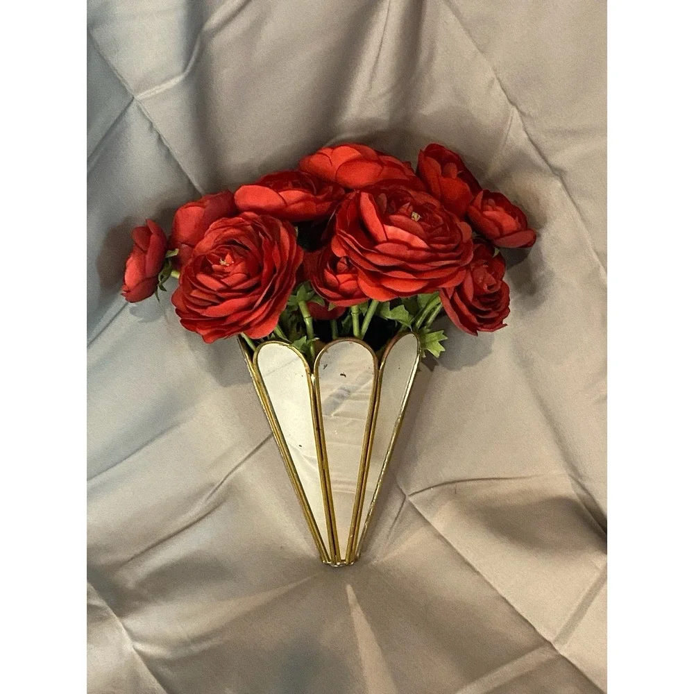 Mirrored Metal Wall Flower Hanger With A Dozen Faux Red Roses